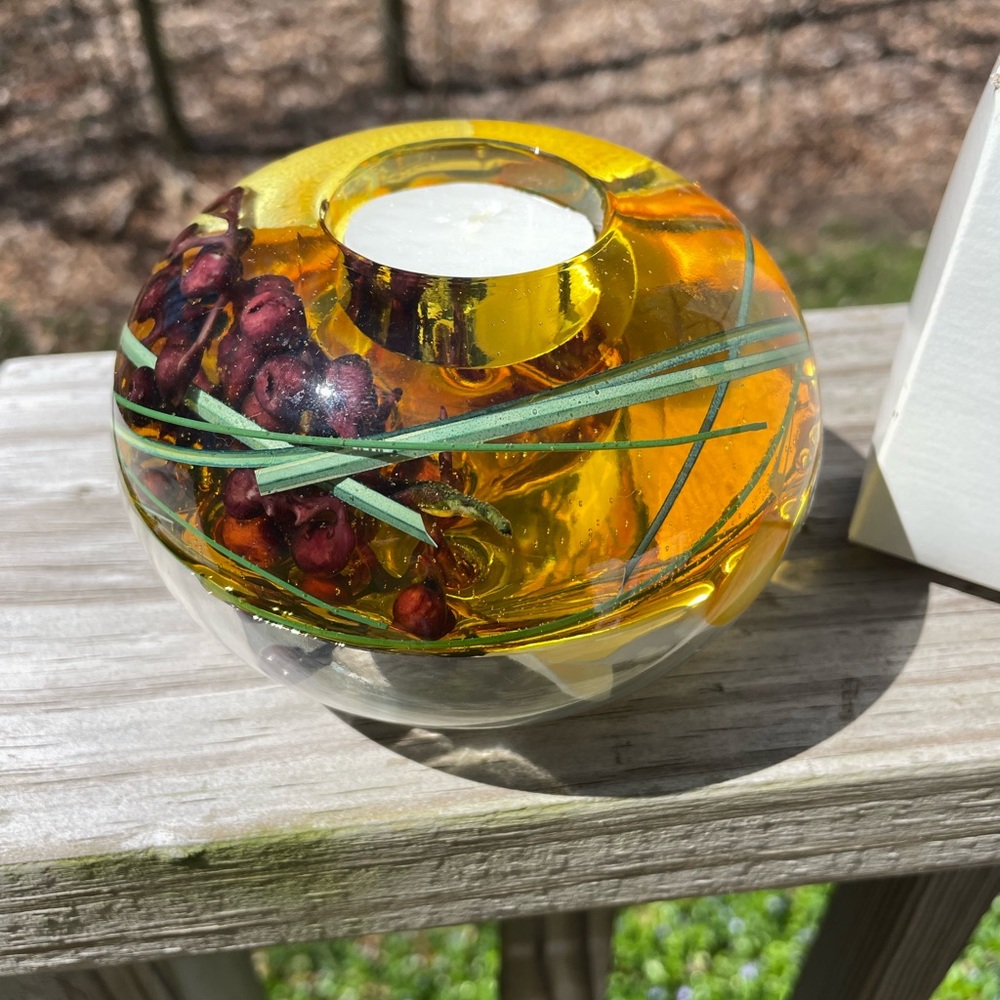 Emilio Robba Orchid and Berries Under Glass Votive Candle Holder Amber Yellow